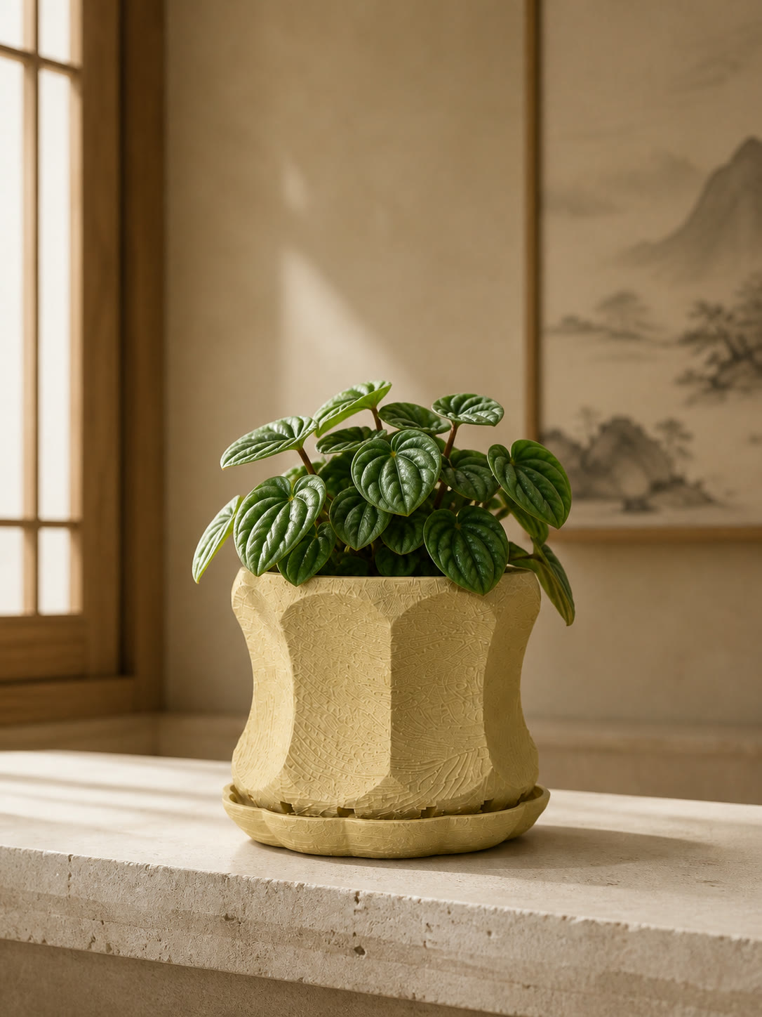 回廊麦砂黄色花盆与观叶植物构成日常陈设